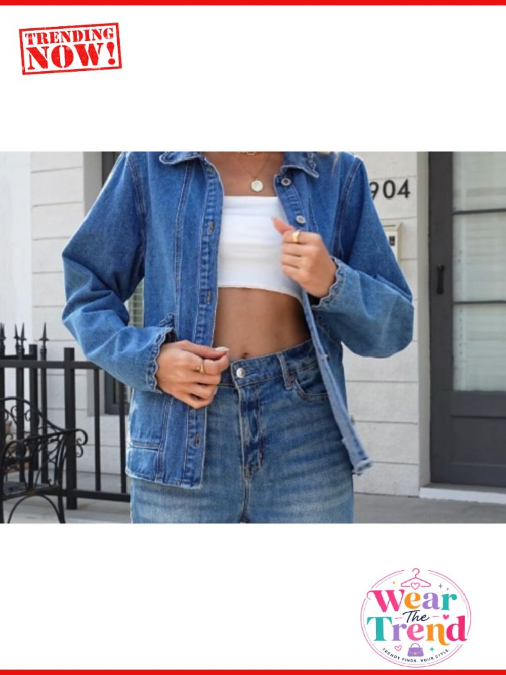 Oversized Ruffle Denim Jacket Womens Button Down Cotton Blend Shacket - Picture 6 of 6